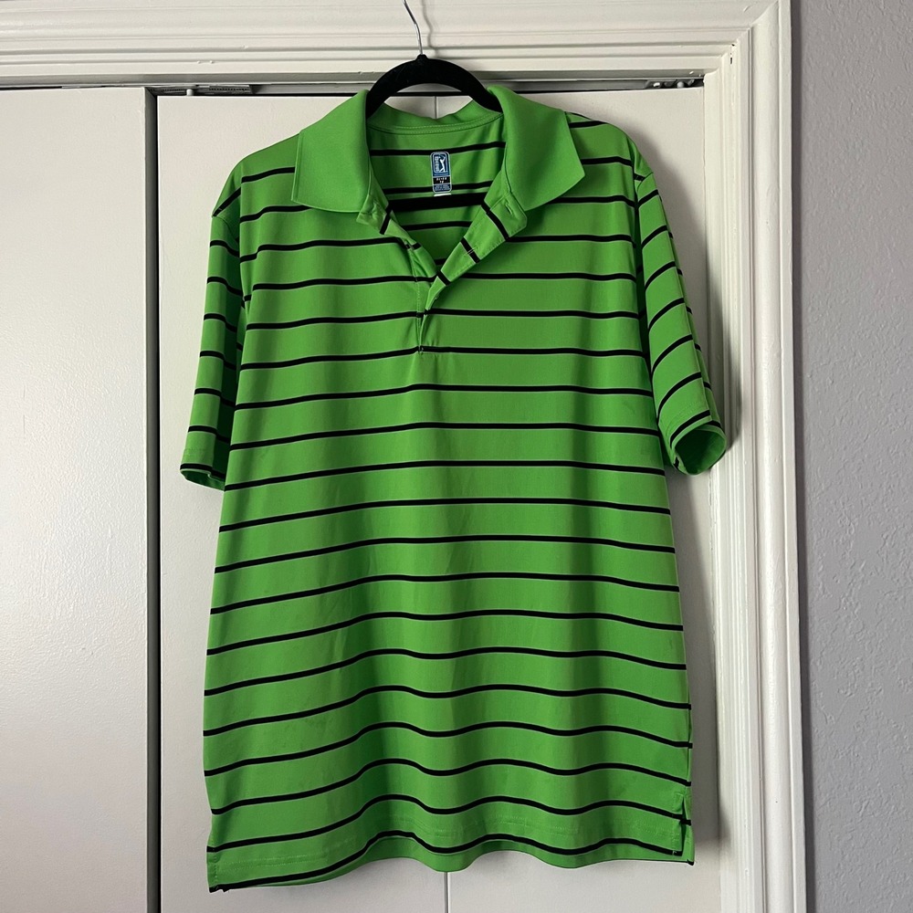PGA Tour Airflux Golf Polo Shirt Mens XL Green Black Stripe Short‎ Sleeve